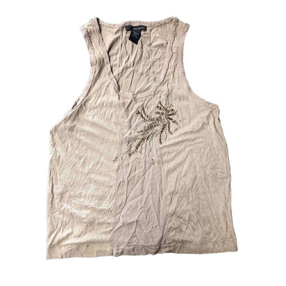 Calvin Klein Jeans Sleeveless Tan Shirt with Designs Women's Size Large